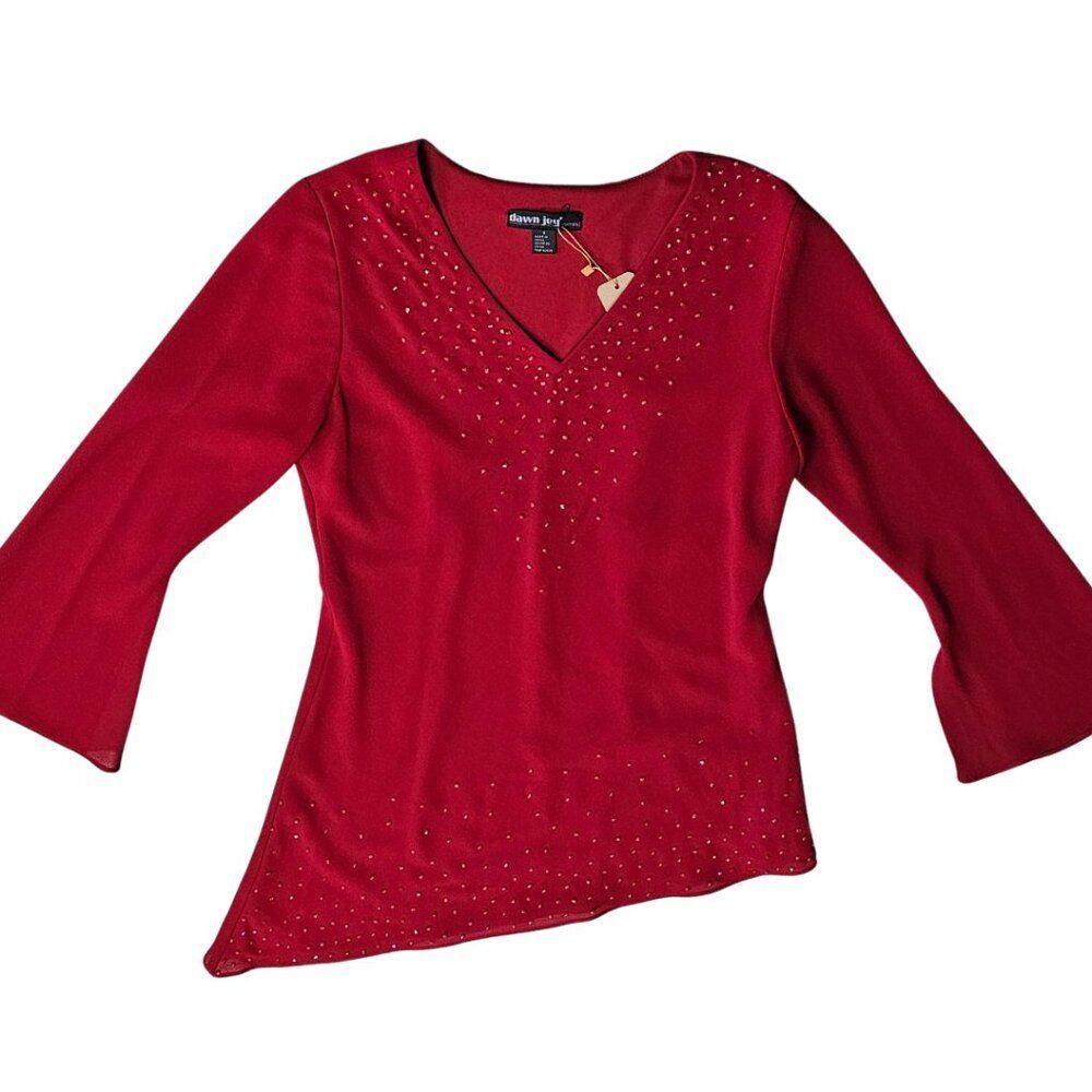Vintage DAWN JOY Red Bedazzled Asymmetrical Flowy Dressy Evening Blouse Top 8